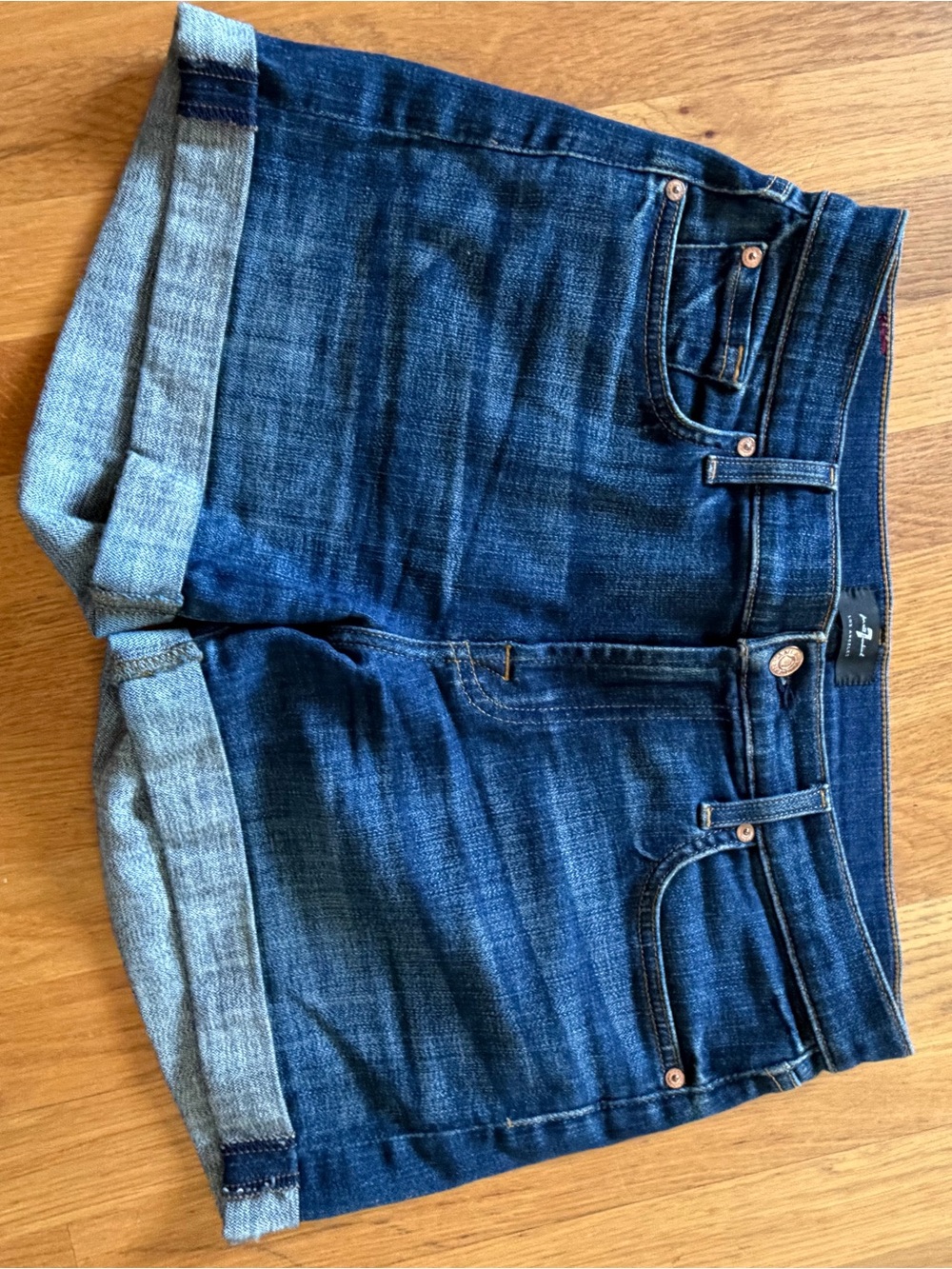 7 For All Mankind Dark Indigo Denim Waistband with Tan Stitching
